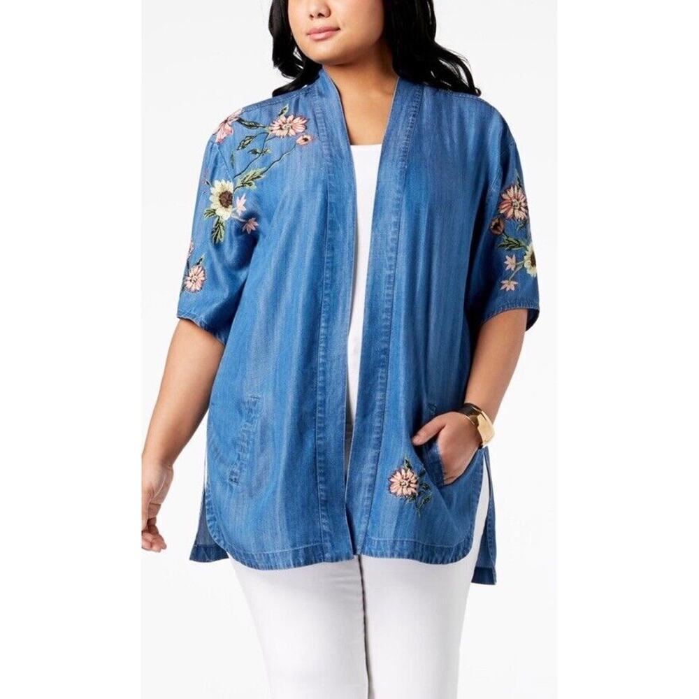 Womens Cottagecore‎ Embroidered Open Front Chambray Cardigan Medium Style & Co